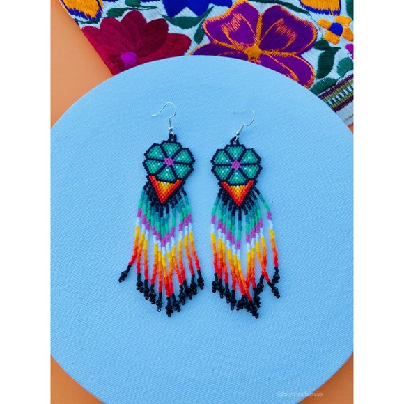 Mexican Earrings Huichol Earrings Floral Mexican Earrings, Boho Floral Earrings, - Picture 3 of 7